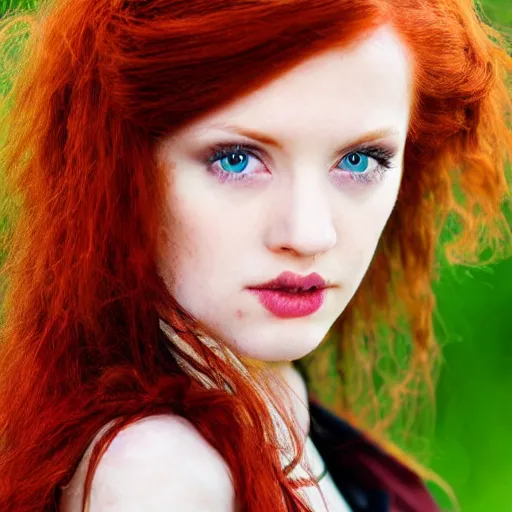 Image similar to full body detailed shot of a beautiful red haired woman with a beautiful face, green eyes high detail, intricate clothing, looking at the camera, dreamy background