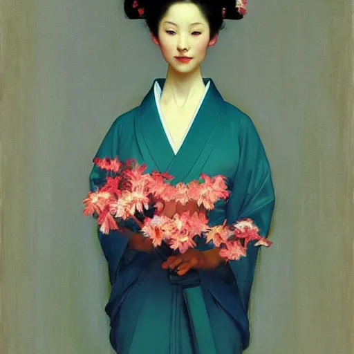 Prompt: yanjun cheng portrait of a beautiful geisha android holding flowers by norman rockwell, bouguereau