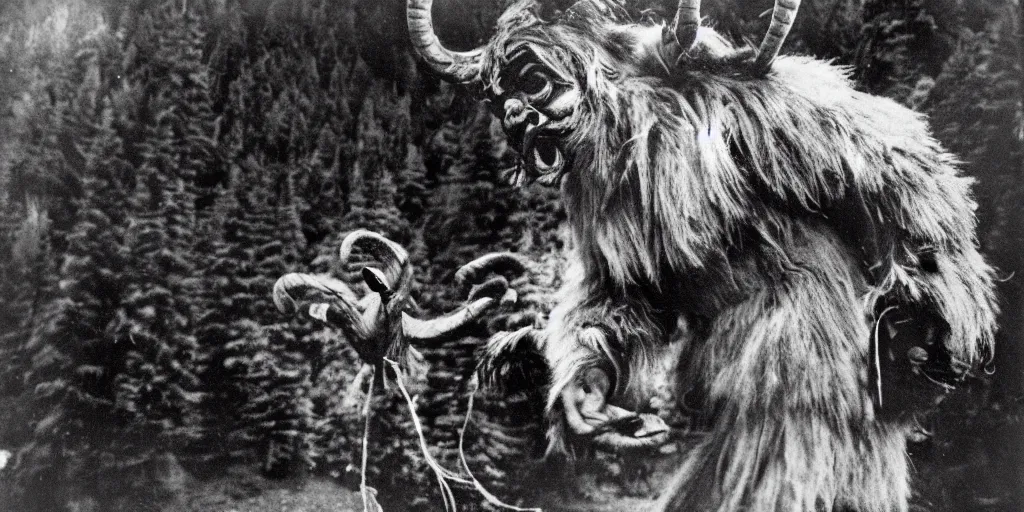 Image similar to krampus with big beak dancing in dolomites, hay fur, austrian folklore, 1920s photography, grainy, eerie, dark