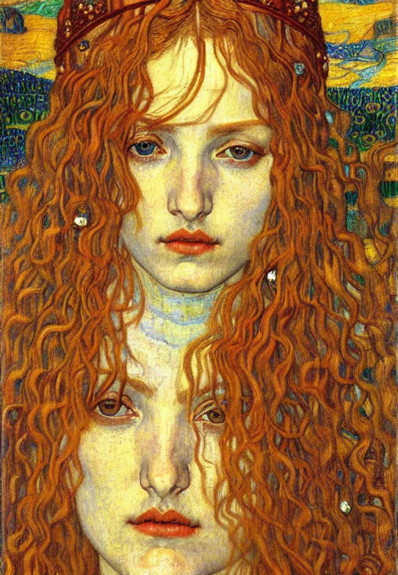 Image similar to detailed realistic beautiful young medieval queen face portrait by jean delville, gustav klimt and vincent van gogh, art nouveau, symbolist, visionary, gothic, pre - raphaelite, muted earthy colors, desaturated