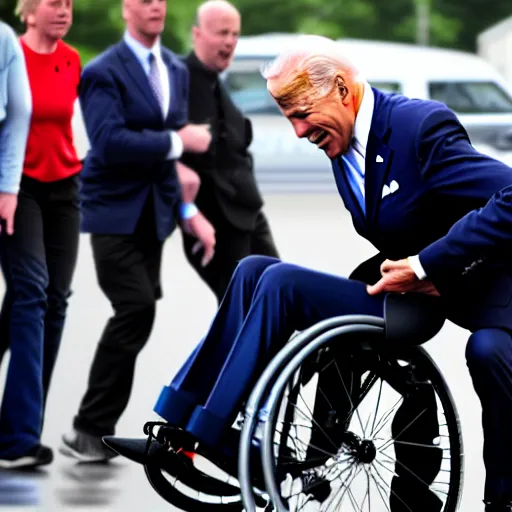 Prompt: joe biden falling off his wheelchair, award winning photo