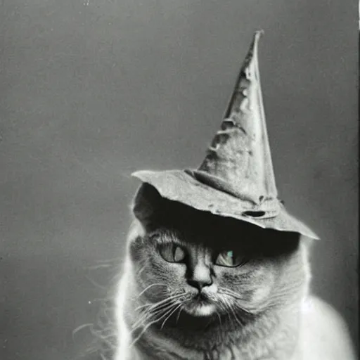 Prompt: photograph of a cat with witch's hat