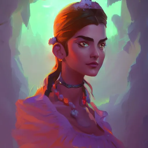 Image similar to portrait of a beautiful woman, maya ali mage, gloomhaven, dynamic lighting, gaudy colors, octane render aesthetic, matte painting concept art, official fanart behance hd artstation by jesper ejsing, by rhads and makoto shinkai and lois van baarle and ilya kuvshinov and rossdraws