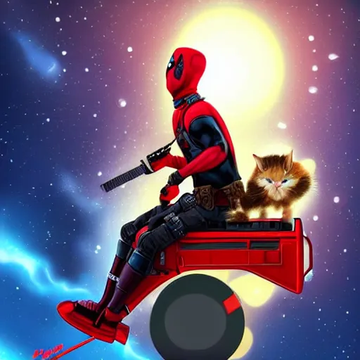 Image similar to deadpool riding on fluffy cat in space trending on artstation