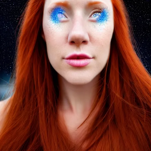 Prompt: close up portrait photo of the left side of the face of a redhead woman with galaxy of stars inside her eyes, she looks directly at the camera. Slightly open mouth, face covers half of the frame, with a park visible in the background. 135mm nikon. Intricate. Very detailed 8k. Sharp. Cinematic post-processing. Award winning photography