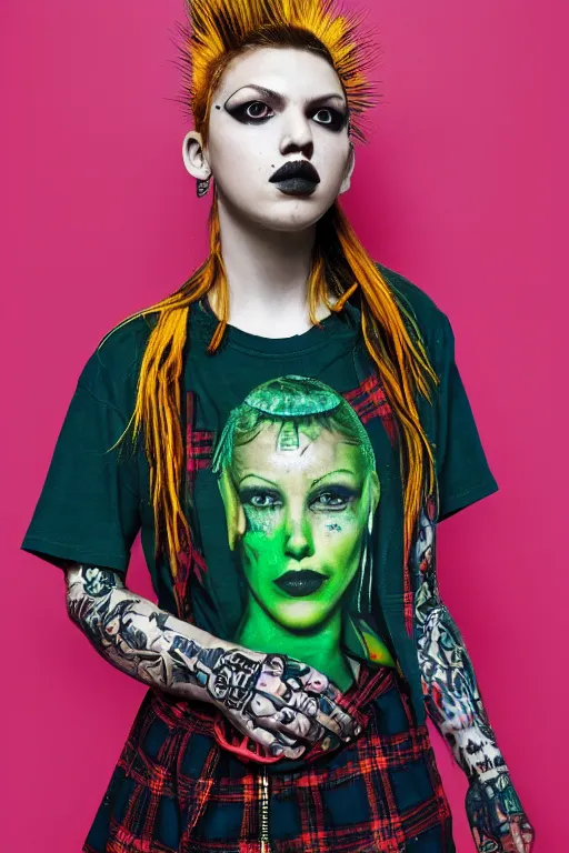 Prompt: upper body portrait hannah murray as a punk woman with green mohawk, covered in neotraditional style tattoos, wearing a bold tee shirt, flannel jacket, fishnets and a long tartan skirt, intimidating, max details, hyperrealistic, photorealistic, ultra - realistic, ultra - detailed, cinematic, 8 k resolution by alan lee