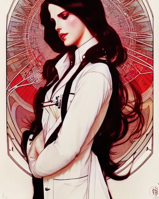 Image similar to lana del rey as a confident scientist, wearing a labcoat, intricate, red white and black color scheme, illustration by krenz cushart, alphonse mucha, artgerm, trending on artstation