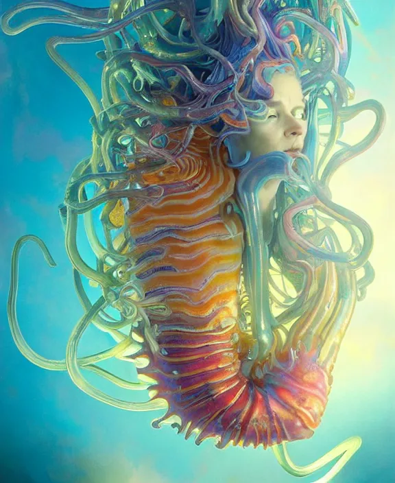 Prompt: colorful transparent portrait of a terrifying beautiful alien sea slug creature, mottled coloring, adorable, childlike, biopunk environment, ultra realistic, concept art, art nouveau, photorealistic, octane render, 8 k, unreal engine. art by christopher marley and artgerm and greg rutkowski and alphonse mucha