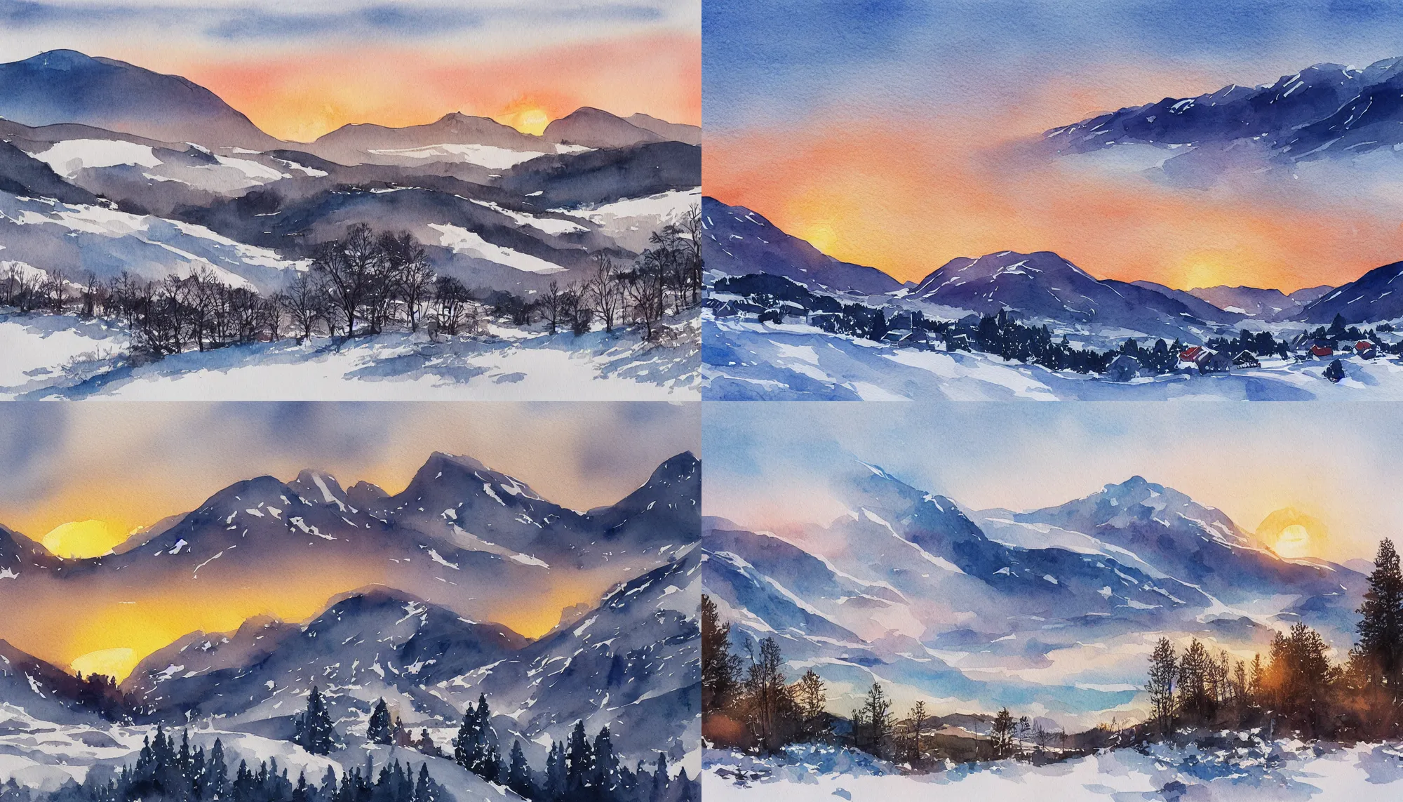 Prompt: norway, sunrise, countryside, mountains, winter, snow, trees, mountains, artstation, medium: watercolor and ink
