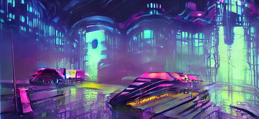 Prompt: beautiful masterpiece painting of an interdimensional public transit station in a future radioactive glowing swamp, tesseract diagram 4 dimensional, grunge cyberpunk, by Remedios Varo and Anato Finnstark and Greg Rutkowski, dayglo pink, dayglo blue, by Craig Mullins, ilya kuvshinov, krenz cushart, artgerm, 8k, trending on ArtStation