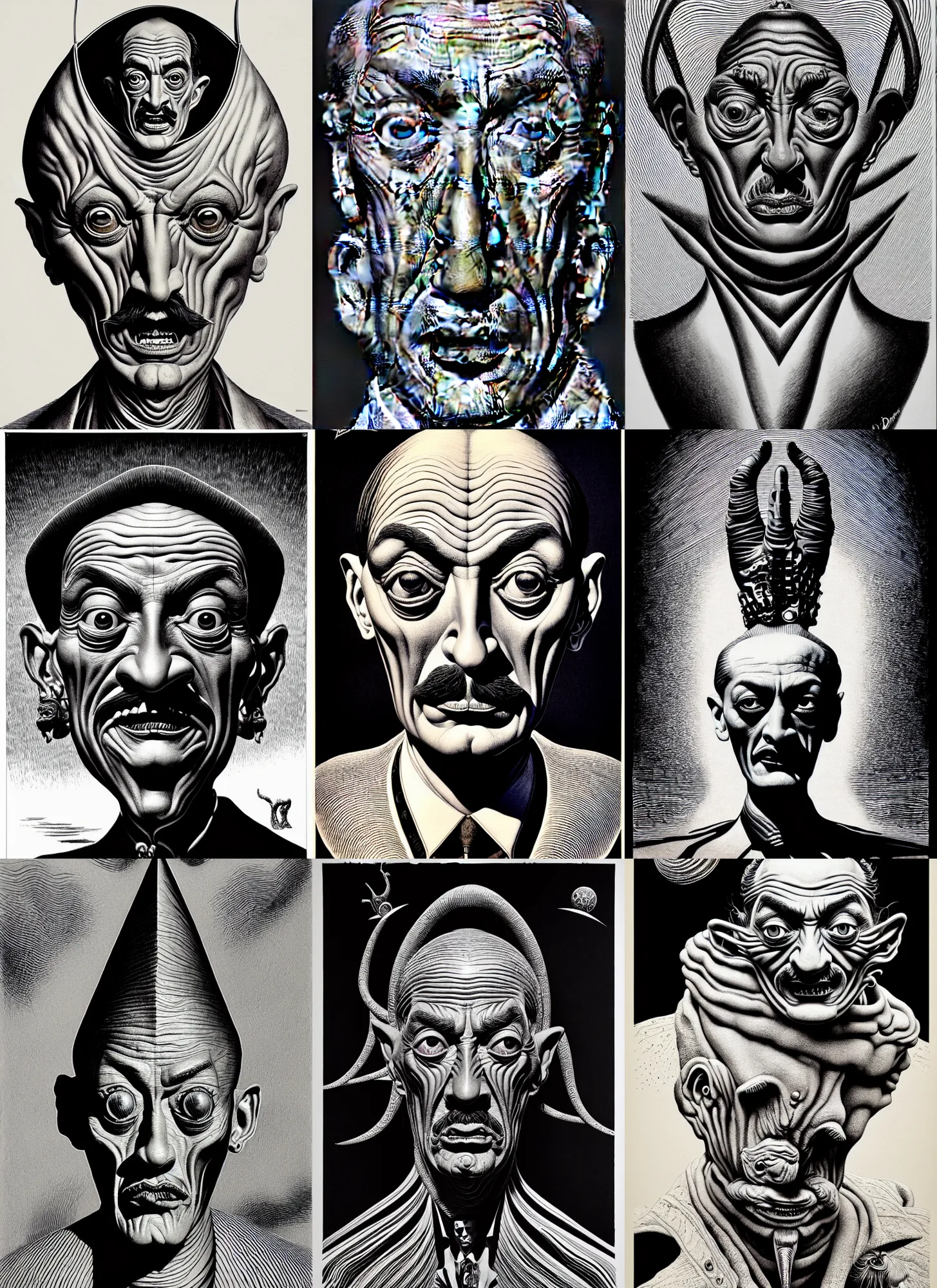 Prompt: grotesque salvador dali, extremely detailed, bold line art, by vincent di fate and joe fenton and artgerm, inking, etching, screen print, masterpiece, trending on artstation, sharp, high contrast, hyper realistic, hd, 4 k, 8 k