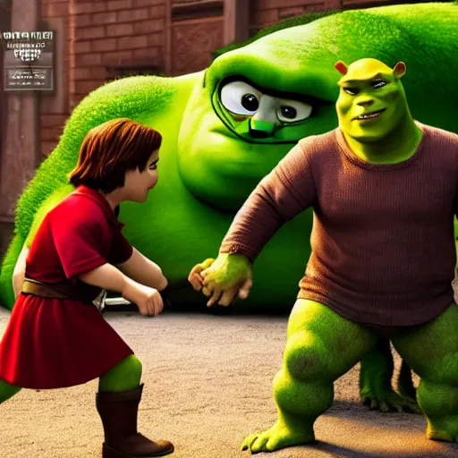 Image similar to keanu reeves fighting muscular shrek, highly detailed, high quality, hd, 4 k, 8 k, canon 3 0 0 mm, professional photographer, 4 0 mp, lifelike, top - rated, award winning, realistic, sharp, no blur, edited, corrected, trending
