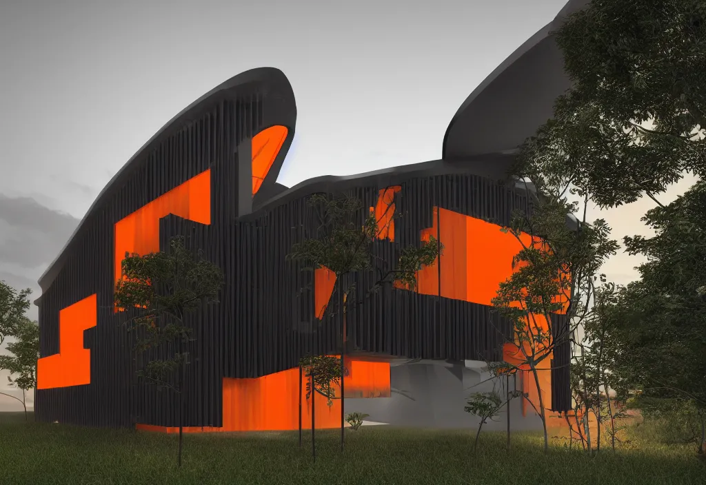 Prompt: photo of the generative design exterior of a futuristic organic japanese house, dramatic lighting, black and orange colour palette, archviz