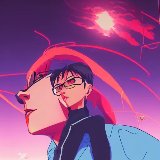 Image similar to Neon Genesis Evangelion. by Lois van baarle, ilya kuvshinov, and rossdraws. Blazing clouds