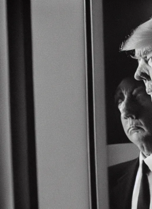 Image similar to screenshot from moody scene of Donald Trump looking out window, in High and Low, 1963 film directed by Akira Kurosawa, kodak film stock, black and white, anamorphic lens, 4K, detailed, stunning cinematography and composition shot by Takao Saito, 70mm