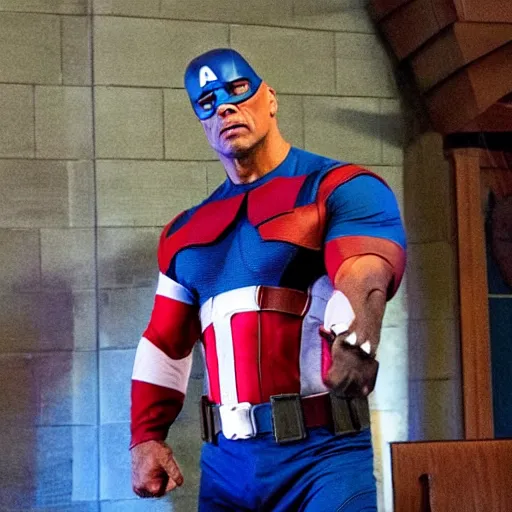 Image similar to dwayne the rock johnson in a captain america costume in a church