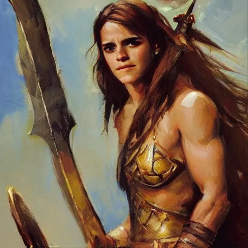 Image similar to emma watson as conan the barbarian by gregory manchess, james gurney, james jean