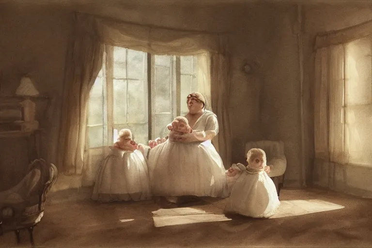 Image similar to charming and chubby parents and their very fat baby girl, wearing a polka dot cloths and a victorian - style hairdo, sits in the large and bright studio. sunlight enters through the barred window. delicate watercolor and pencil on canvas. beautiful lighting, 4 k post - processing, highly detailed, 5 k extremely detailed, 3 d. cinematic scene.