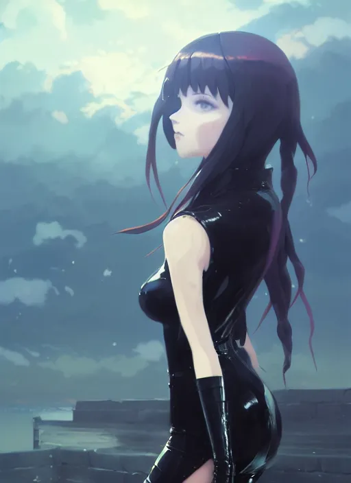 Image similar to portrait of cute goth girl in latex clothes, cloudy sky background lush landscape illustration concept art anime key visual trending pixiv fanbox by wlop and greg rutkowski and makoto shinkai and studio ghibli