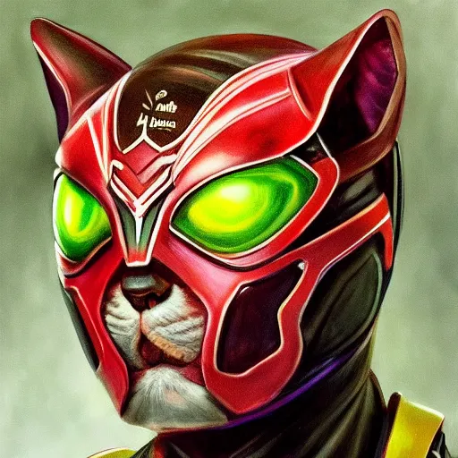 Prompt: realistic Portrait painting of humanoid cat as Kamen Rider, made by Michaelangelo, physical painting, Sharp focus,digital art, bright colors,fine art, trending on Artstation, unreal engine.