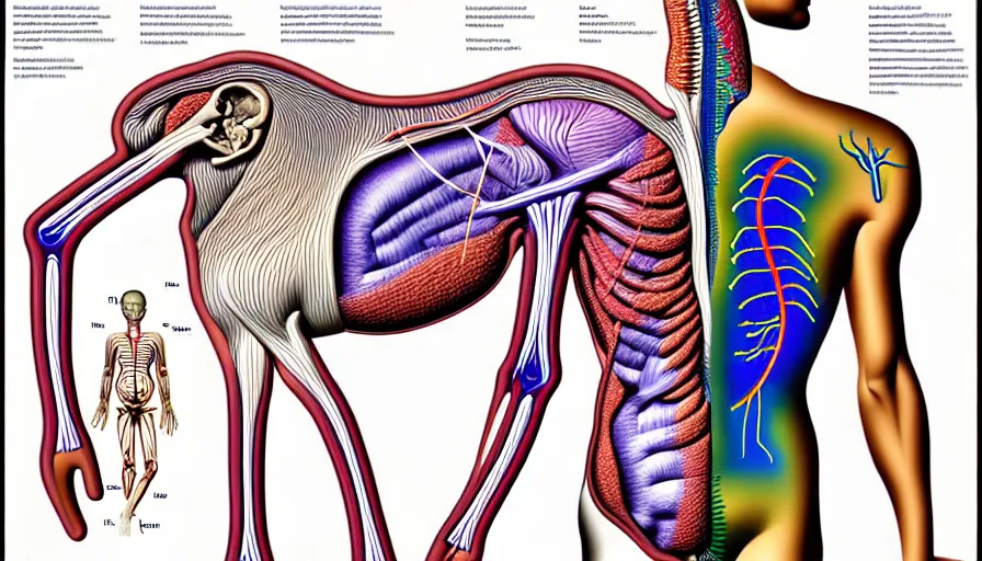 Image similar to psychedelic anatomically accurate labeled medical diagram of centaur, intricate parts, fine details, hyper realistic, elegant minimalism, by seichen, surreal