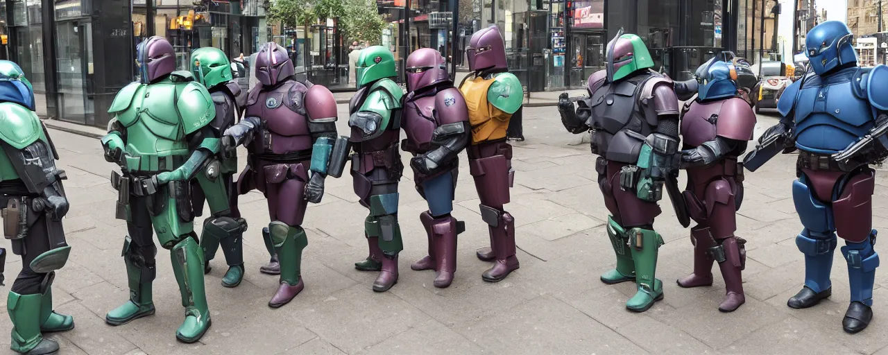 Prompt: four overweight, bored mandalorians on the streets of London