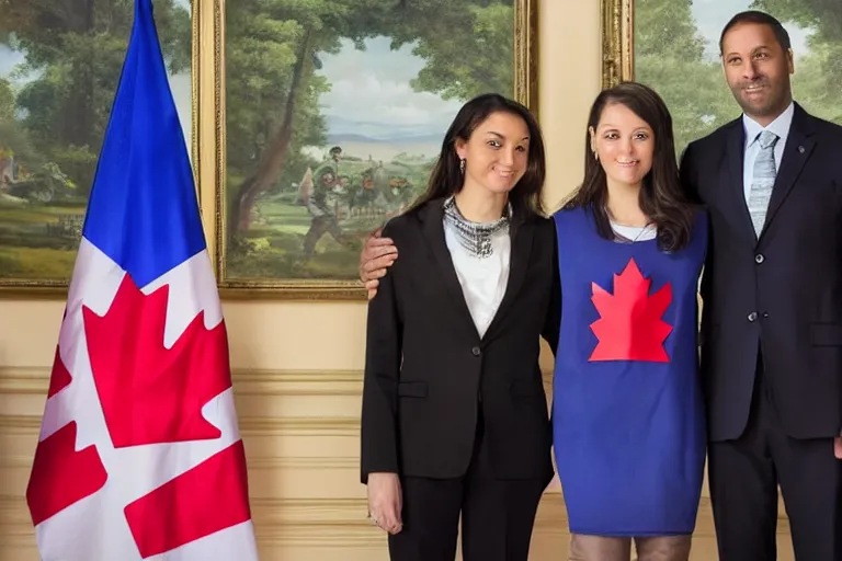 Image similar to full body portrait of a 3 5 year old man standing with his arms around his two girlfriends, one on either side, infront of a line of canadian flags. everyone is wearing formal business attire. atmosphere is serious, dignified, traditional. official government portrait. oil painting, very realistic, 2 1 st century