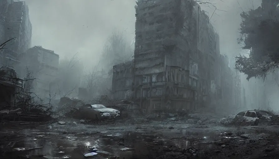 Prompt: post apocalyptic concept art of an abandoned overgrown city, inspired by the last of us and uncharted, children of men, fog, overcast, cinematic, moody, dystopian, artstation, by craig mullins