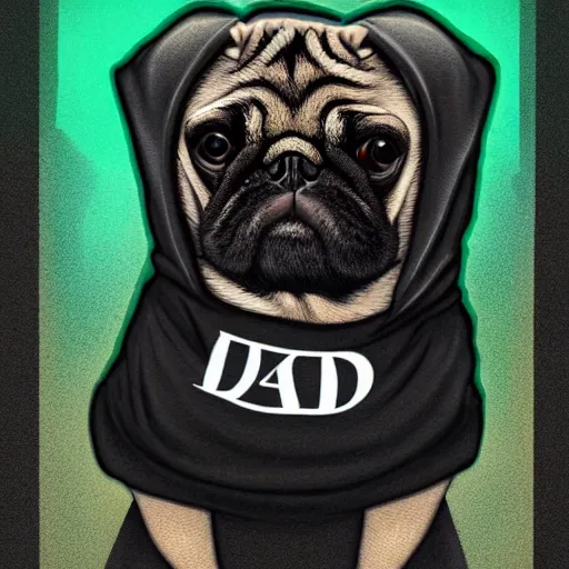 Prompt: a sad pug wearing a hoodie, the word'sad'is written on the hoodie in upper case letters, digital art, synthwave style, trending on artstation, matte painting