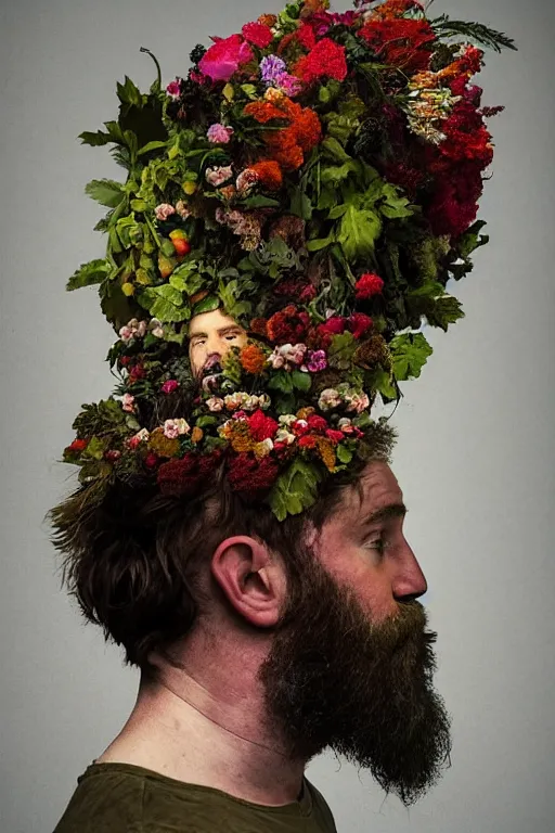Prompt: an Irish man's face in profile, long beard, made of flowers and fruit, in the style of the Dutch masters and Gregory crewdson, dark and moody