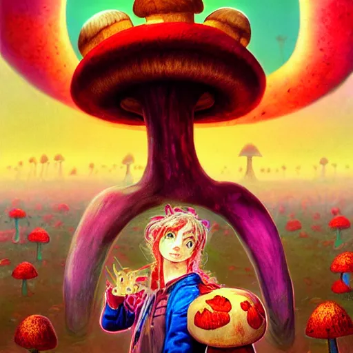 Image similar to 4 k headshot portrait of a psychedelic demonic anthropomorphic bunny rabbit with mushroom themed clothes, magic mushroom village in background by jeff easley, award winning, stylized neon, post - processing, masterpiece, superb resolution. in the art style of junji ito and greg rutkowski. detailed mushroom city in background. hyper realistic anime. perfect art. dalle 2