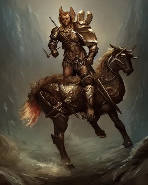 Prompt: very human centaur centaur centaur chimera :: Paladin, fearsome, beautiful, DnD character art portrait, male, plate armor, matte fantasy painting, DeviantArt Artstation, by Jason Felix by Steve Argyle by Tyler Jacobson by Peter Mohrbacher, cinematic lighting.