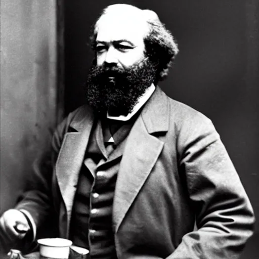 Prompt: Karl Marx dressed as a Starbucks Barista, photograph