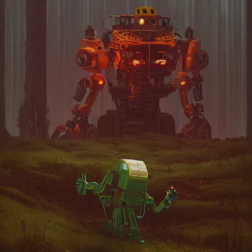 Image similar to simon stalenhag, bionicle, forest, foggy, horror