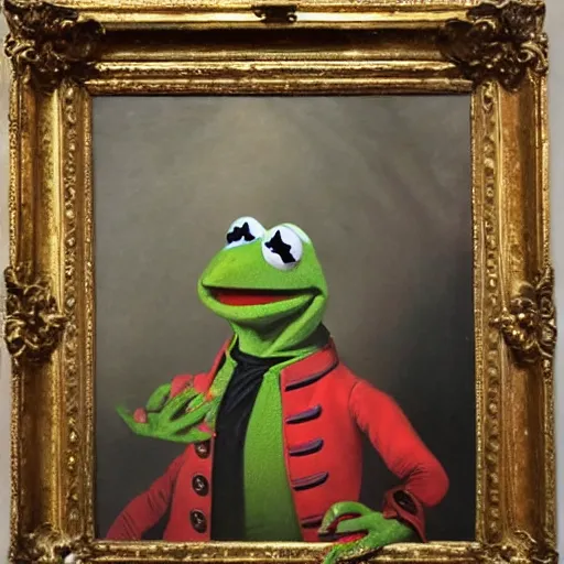 Prompt: Kermit the Frog VIII King of France, 1784, oil painting, London Art Museum