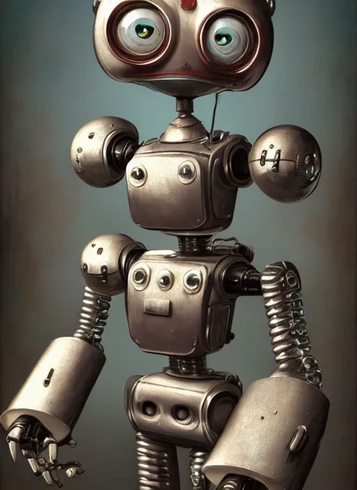 Prompt: highly detailed closeup, portrait of a 1 9 2 0 s retro toy robot, unreal engine, nicoletta ceccoli, mark ryden, earl norem, lostfish, global illumination, detailed and intricate environment