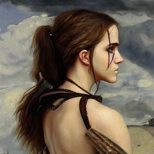 Image similar to a realistic painting by Gustave Courbet depicting the Kamen Rider suit fused with Emma Watson body in the Renaissance,smooth,Sharp focus, trending on Artstation.