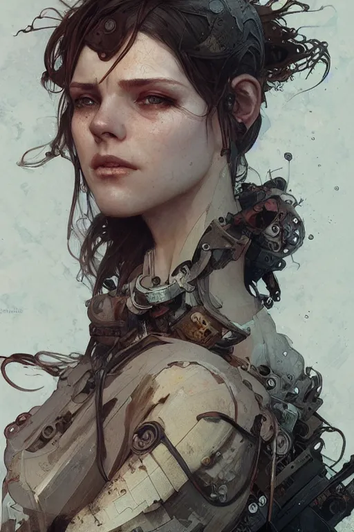 Image similar to A full portrait of a beautiful post apocalyptic offworld machinist, intricate, elegant, highly detailed, digital painting, artstation, concept art, smooth, sharp focus, illustration, art by Krenz Cushart and Artem Demura and alphonse mucha