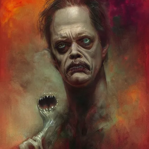 Image similar to disturbing grunge still of a lovecraftian demon infested steve buscemi, crayon horror art in dark and muted colors, by arthur adams, by tom bagshaw, by henry asencio, by kikuchi hideyuki