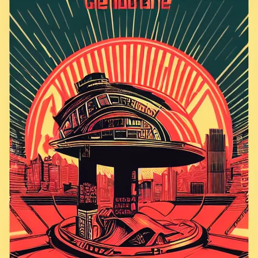 Image similar to Illustrated by Shepard Fairey and H.R. Geiger | Retro futuristic cyberpunk city