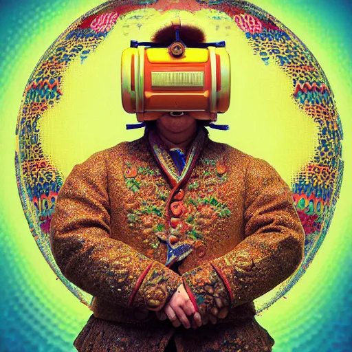 Image similar to Colour mandelbulb 3d fractal style full body portrait Photography of Highly detailed Man wearing detailed Ukrainian folk costume designed by Taras Shevchenko with 1000 years perfect face wearing highly detailed retrofuturistic VR headset designed by Josan Gonzalez. Many details In style of Josan Gonzalez and Mike Winkelmann and andgreg rutkowski and alphonse muchaand and Caspar David Friedrich and Stephen Hickman and James Gurney and Hiromasa Ogura. Rendered in Blender and Octane Render volumetric natural light