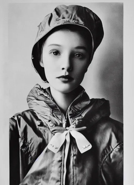 Image similar to portrait of a beautiful girl wearing an anorak designed by balenciaga russian comunist propaganda 1 9 4 0