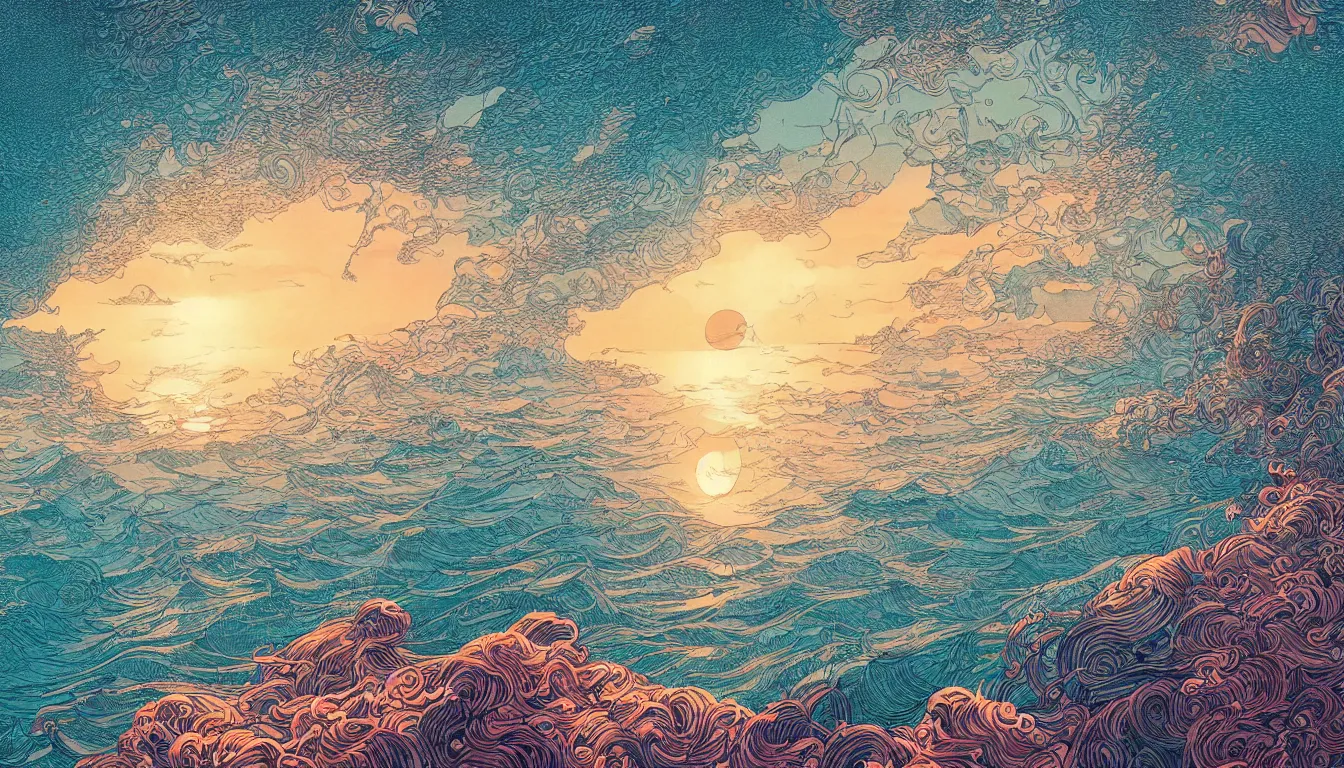 Image similar to open ocean with setting sun, chinese ink brush, yukio - e, kilian eng, victo ngai, josan gonzalez