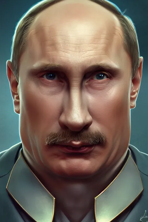 Image similar to vladimir putin as a robotnik, realistic portrait, symmetrical, highly detailed, digital painting, artstation, concept art, smooth, sharp focus, illustration, cinematic lighting, art by artgerm and greg rutkowski and alphonse mucha