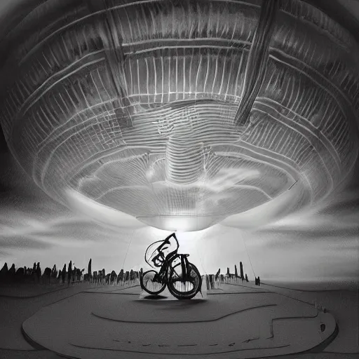 Image similar to “man using a bicycle pump to inflate an extremely large zeppelin blimp, highly detailed, dramatic lighting, Tim Burton, Studio Ghibli, Alex Pardee, Nekro Petros Afshar, James McDermott, cgsociety 4K”