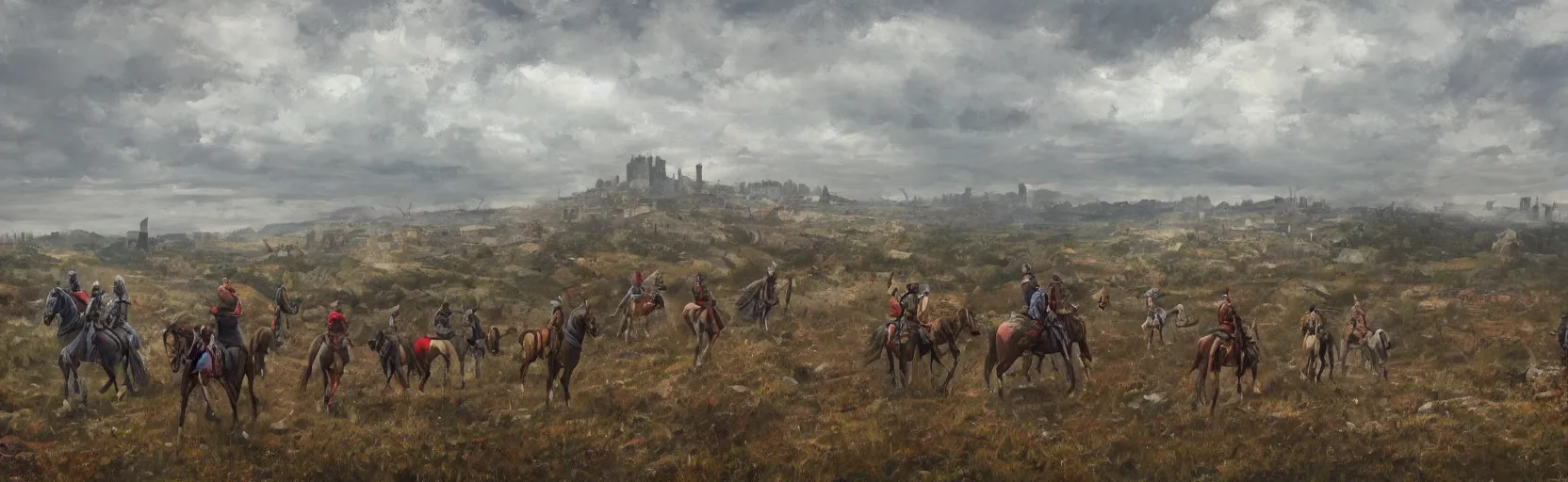 Prompt: horseback knights at scenic overlook; cloudy, grey skies, large tents in foreground, fortress city of deteriorating background on centered hill, post apocalyptic, grungy; oil on canvas, artstation, neon