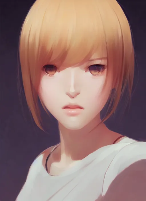 Image similar to portrait of a girl with a square hairstyle, short bangs, wonderful eyes, complex, applied to tone, ambient lighting, high detail, digital painting, artstation, concept art, 4 k, stunningly beautiful, clear focus, makoto shinkai and akihiko yoshida, hidari and vlop