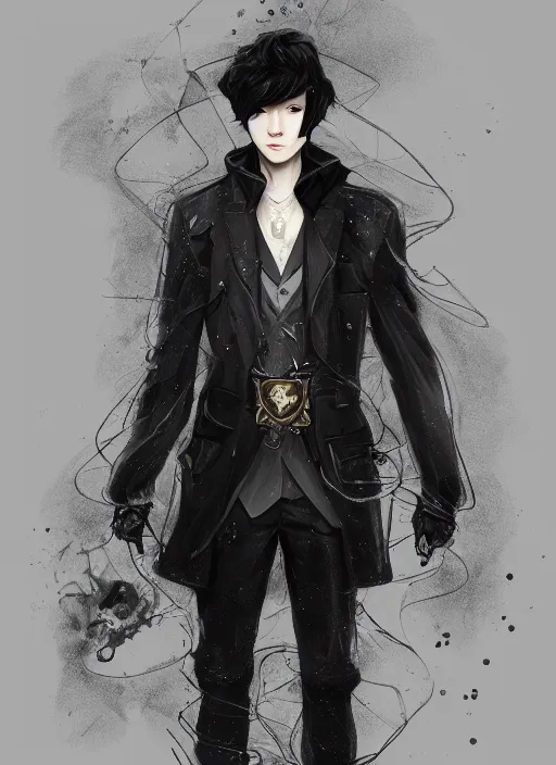 Image similar to a highly detailed illustration of young attractive black haired korean guy wearing black detective coat with coattails, heroic pose, strings background, intricate, elegant, highly detailed, centered, digital painting, artstation, concept art, smooth, sharp focus, league of legends concept art, wlop.