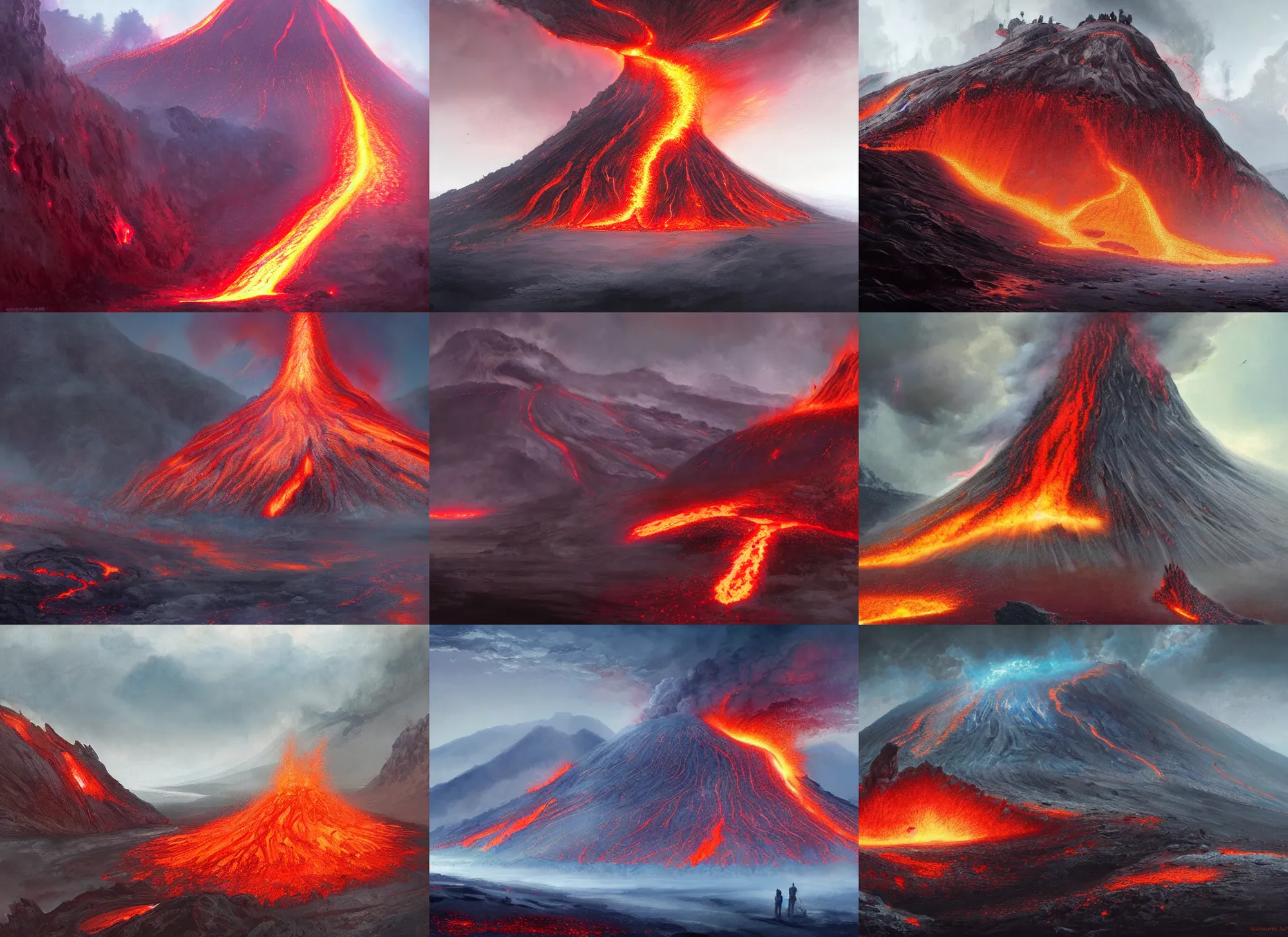 Prompt: Active volcano, lava, a fantasy digital painting by Greg Rutkowski and James Gurney, trending on Artstation, highly detailed
