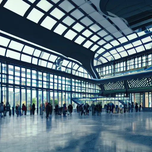 Prompt: elaborate and beautiful train station hall filled with travelers, designed by zaha hadid, bold colored walls, tall ceilings, large windows, lots of bold colors, unique architecture, sunbeams unreal engine 5 render, keyshot render, octane render, ultra high detail, ultra realistic, 8k